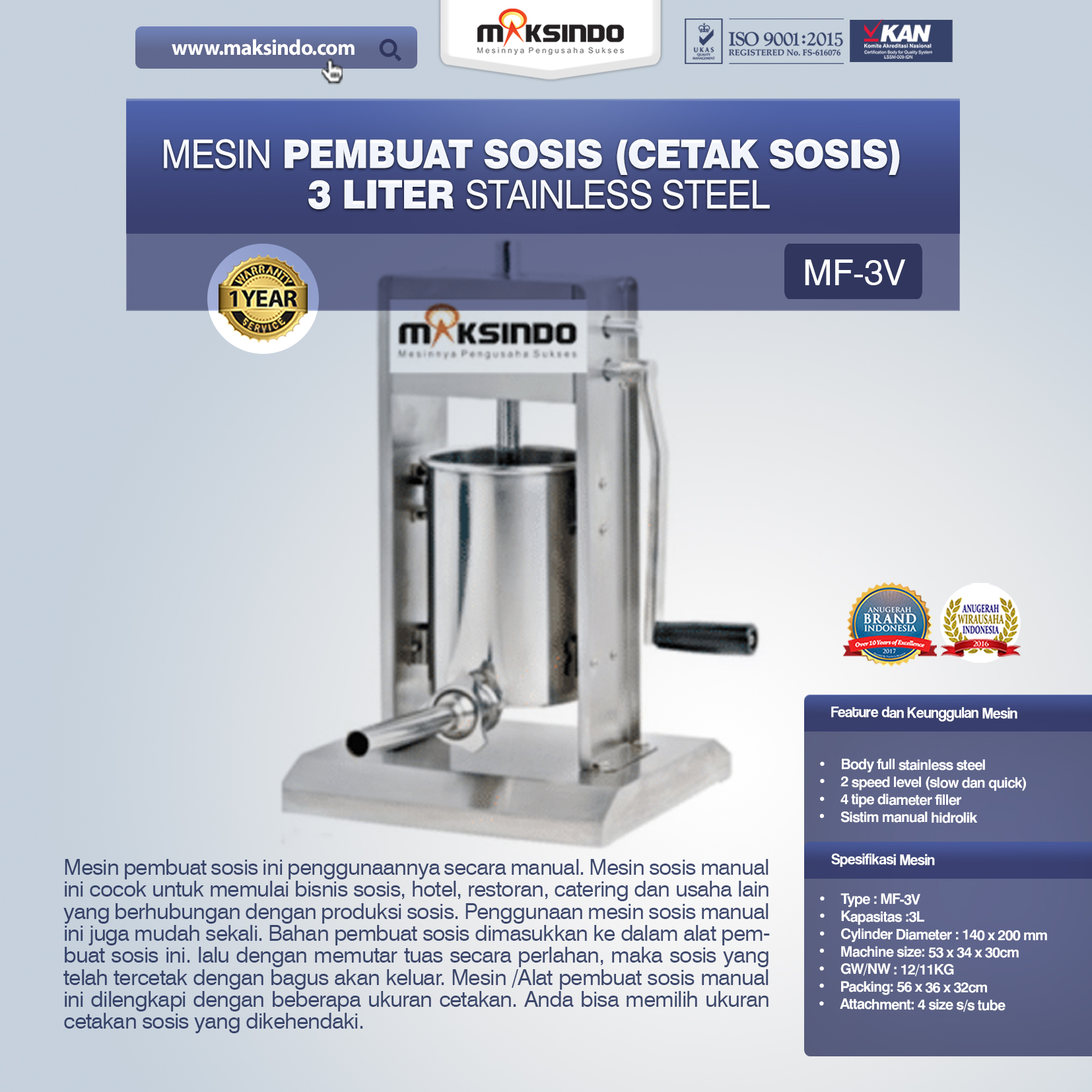 Jual Mesin Pembuat Sosis Vertikal MKS-3V di Bali