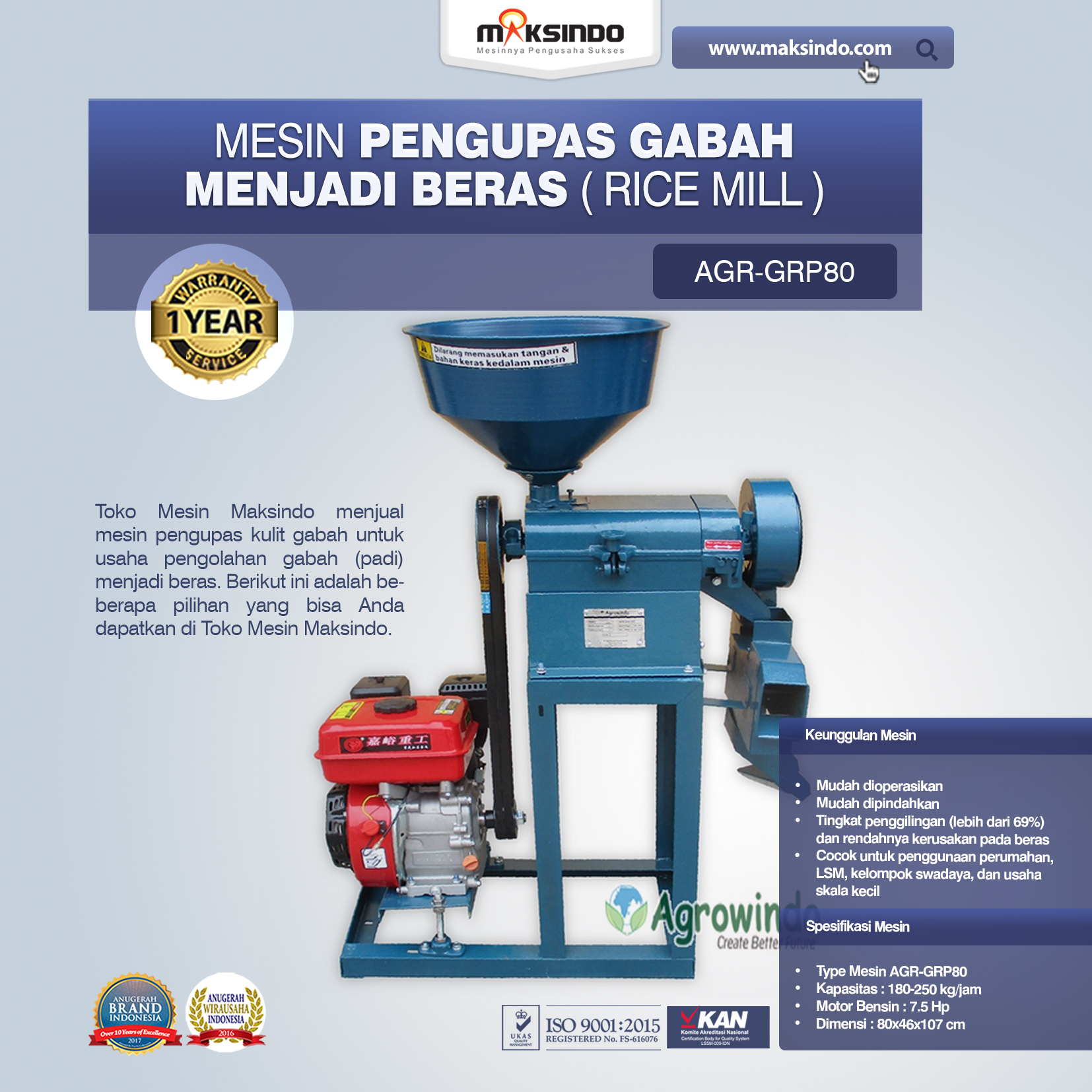 Jual Mesin Pengupas Gabah Menjadi Beras (Rice Mill) AGR-GRP80 di Bali