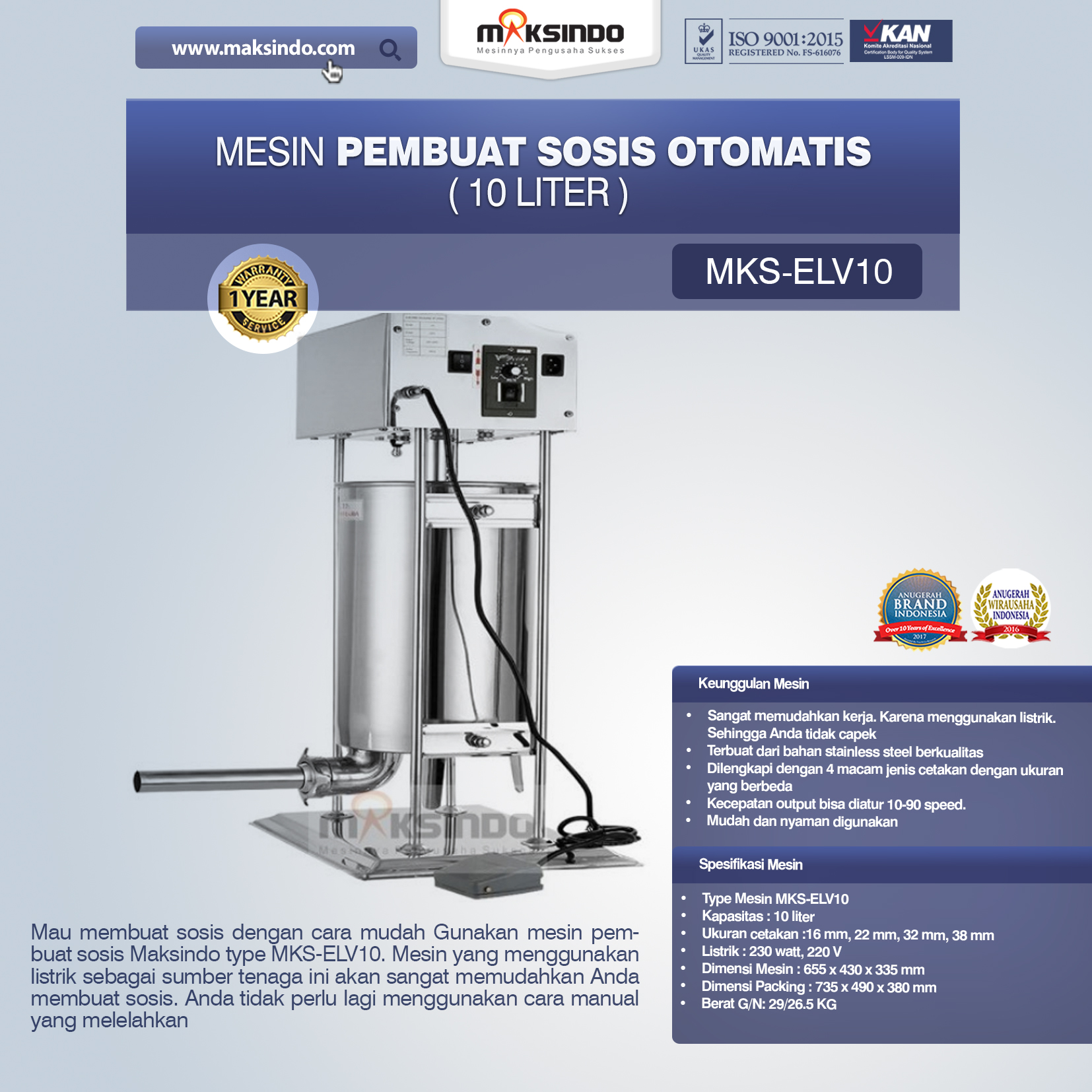 Jual Mesin Pembuat Sosis Otomatis (MKS-ELV10) di Bali