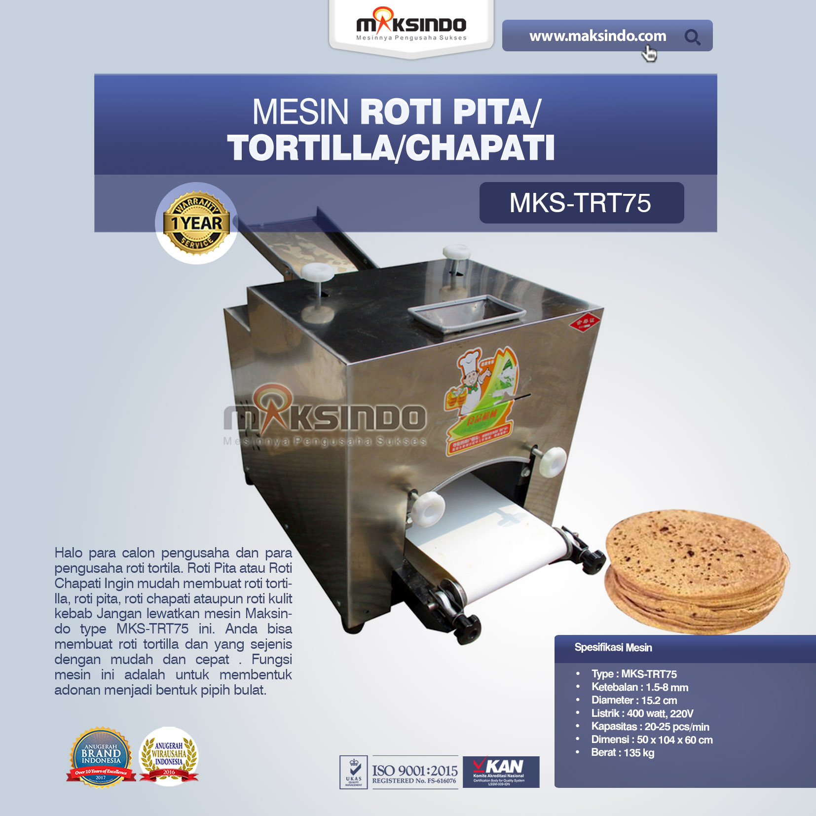 Jual Mesin Roti Pita/Tortilla/Chapati MKS-TRT75 Di Bali