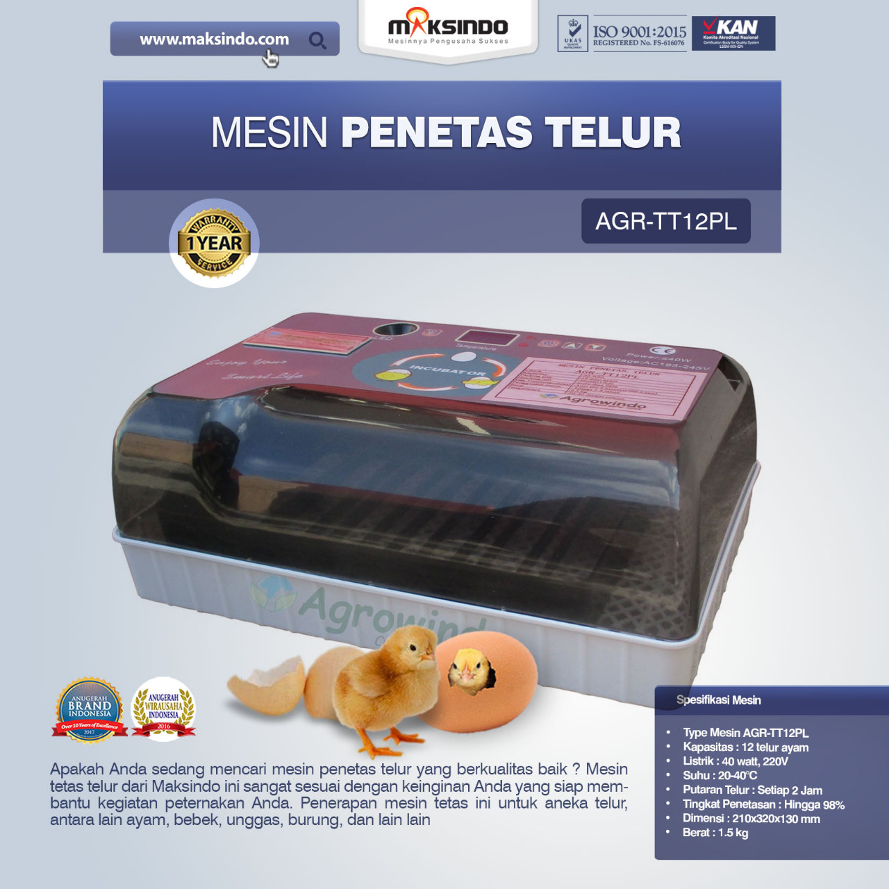Jual Mesin Penetas Telur AGR-TT12PL di Bali