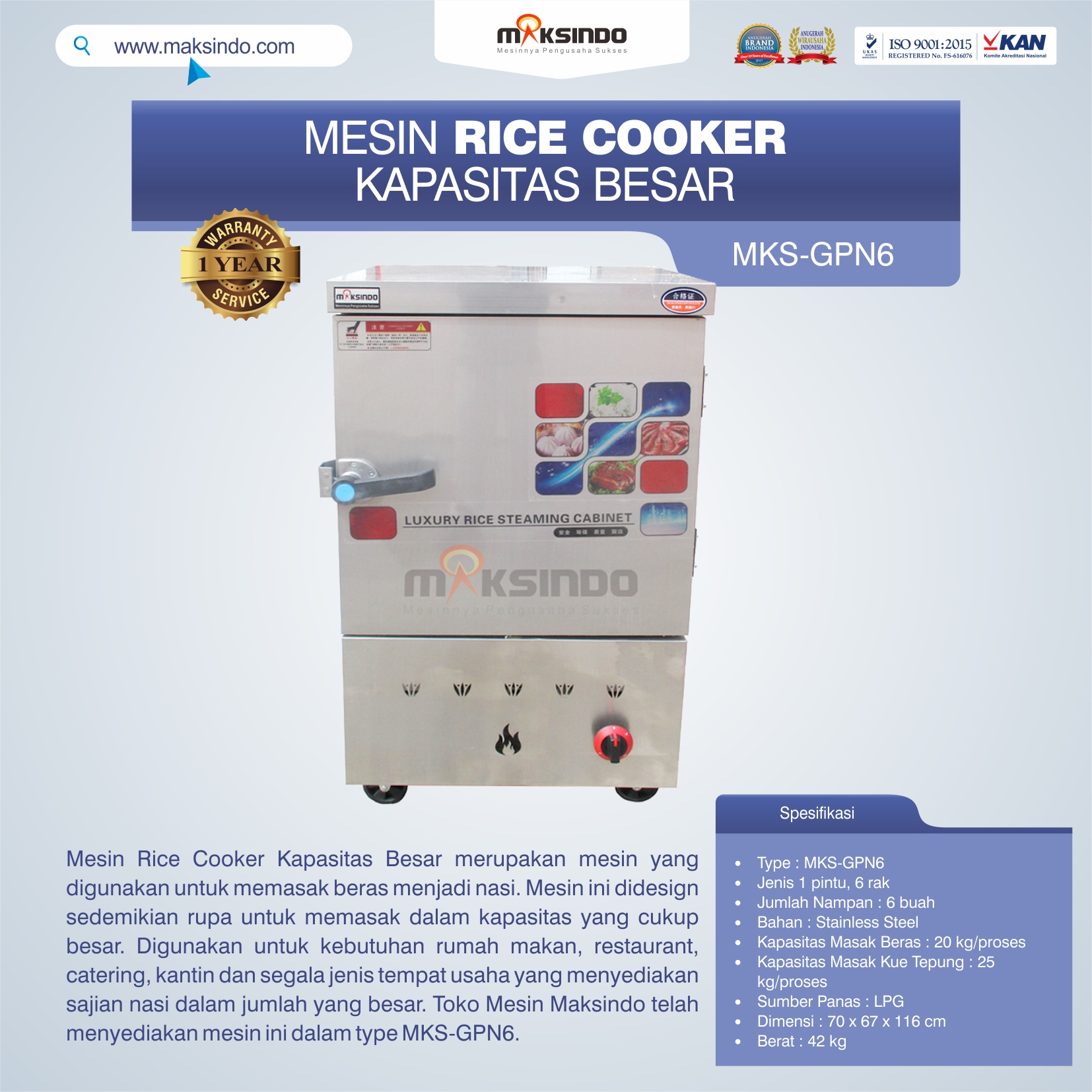 Jual Mesin Rice Cooker Kapasitas Besar MKS-GPN6 di Bali