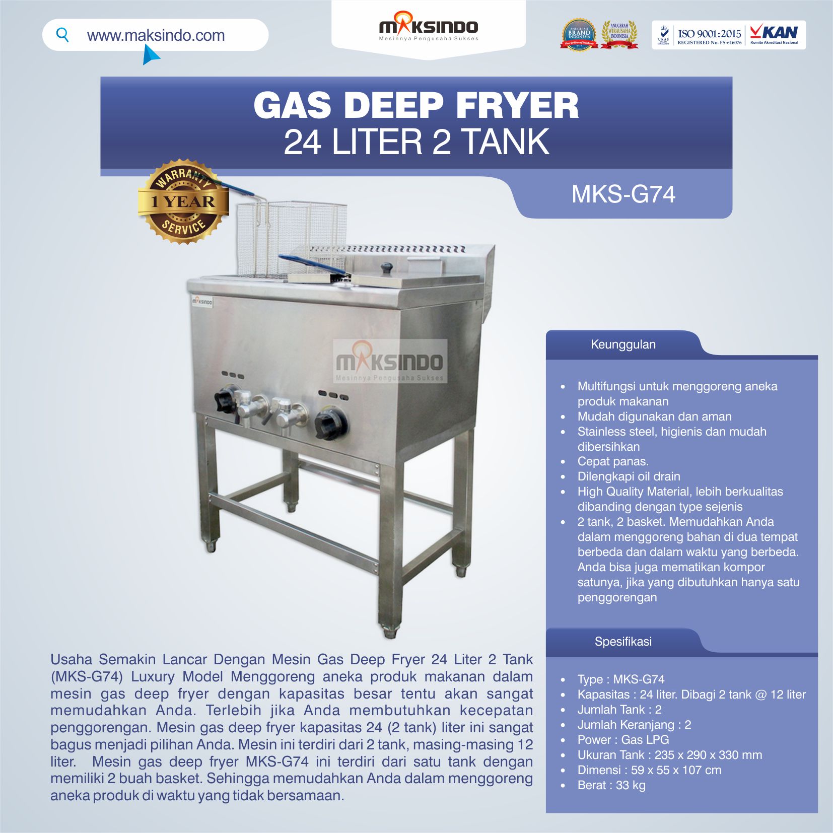 Jual Gas Deep Fryer 24 Liter 2 Tank (G74) Di Bali
