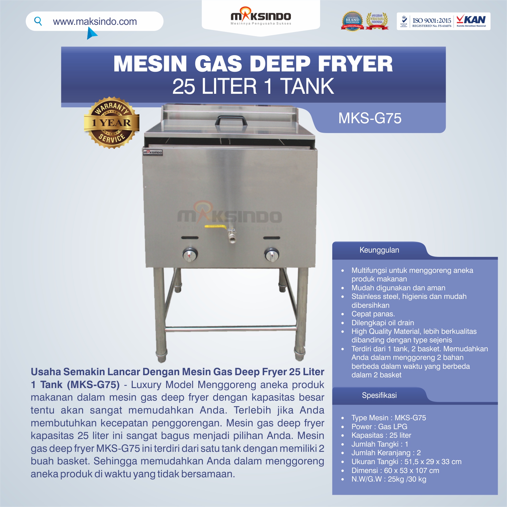 Jual Gas Deep Fryer 25 Liter 1 Tank (G75) Di bali