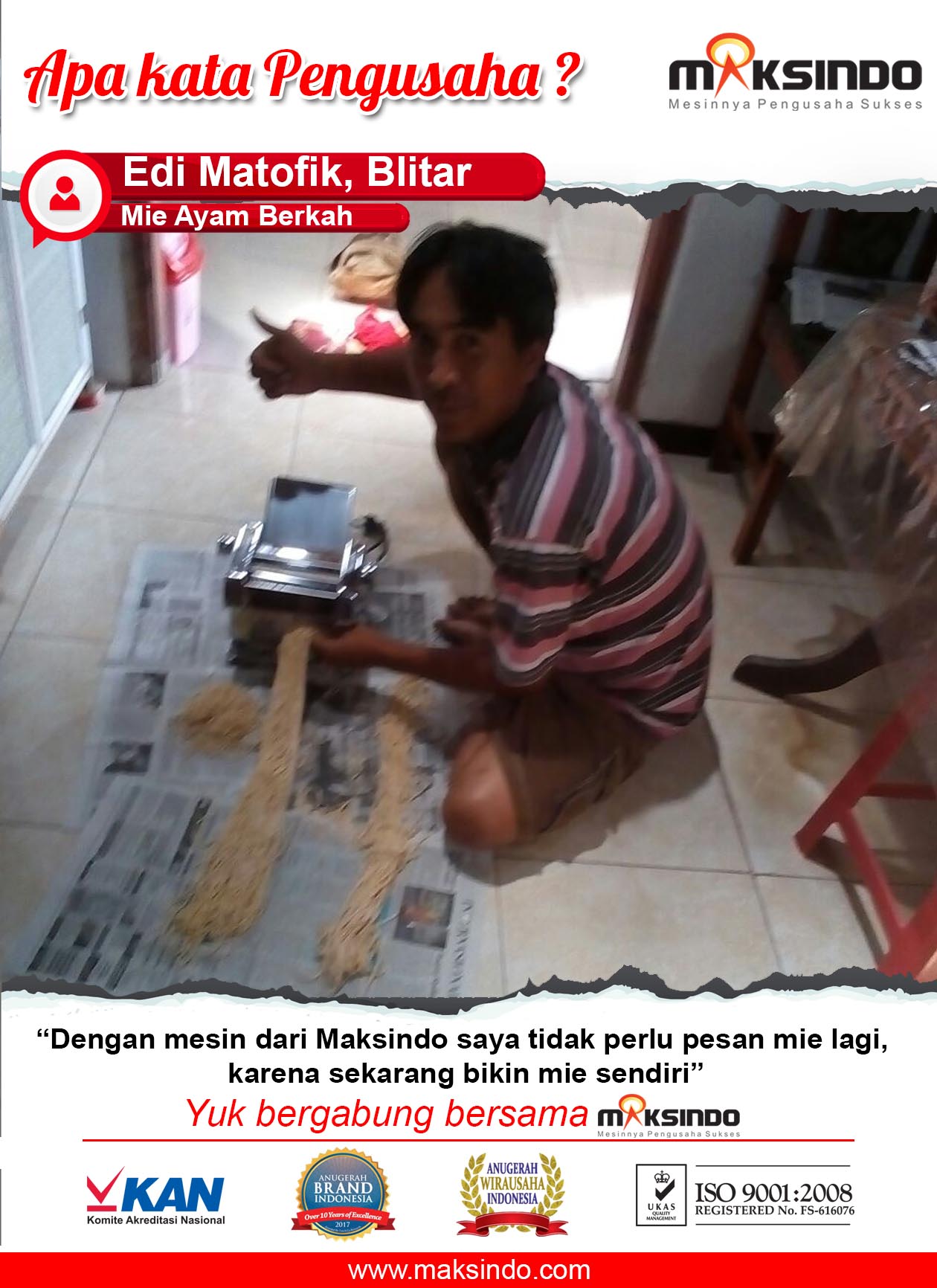 Mie Ayam Berkah : Produksi Usaha Mie Ayam Saya Makin Cepat Dengan Mesin Cetak Mie Maksindo