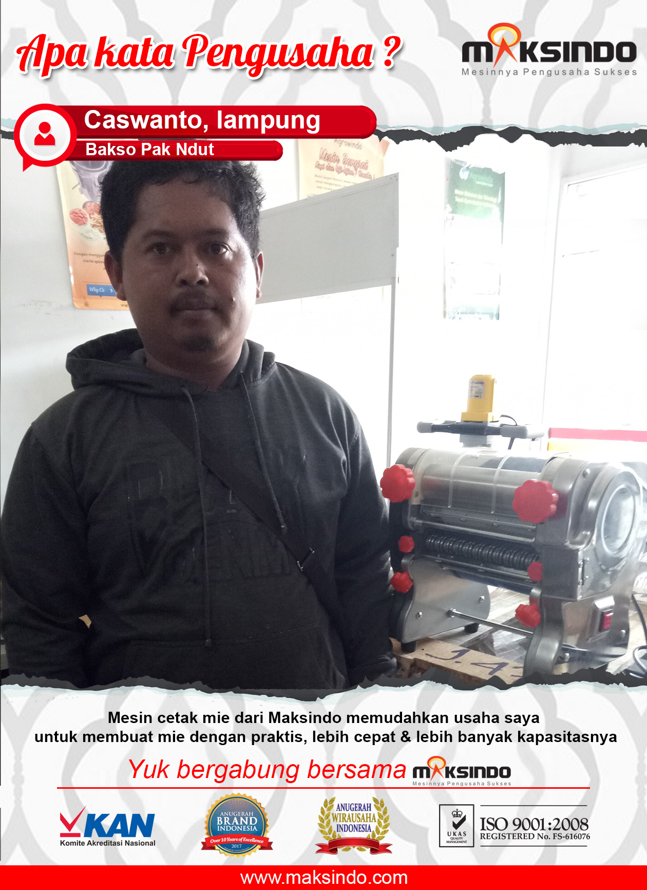 Bakso Pak Ndut : Usaha Saya Semakin Cepat dan Banyak dengan Mesin Cetak Mie Maksindo