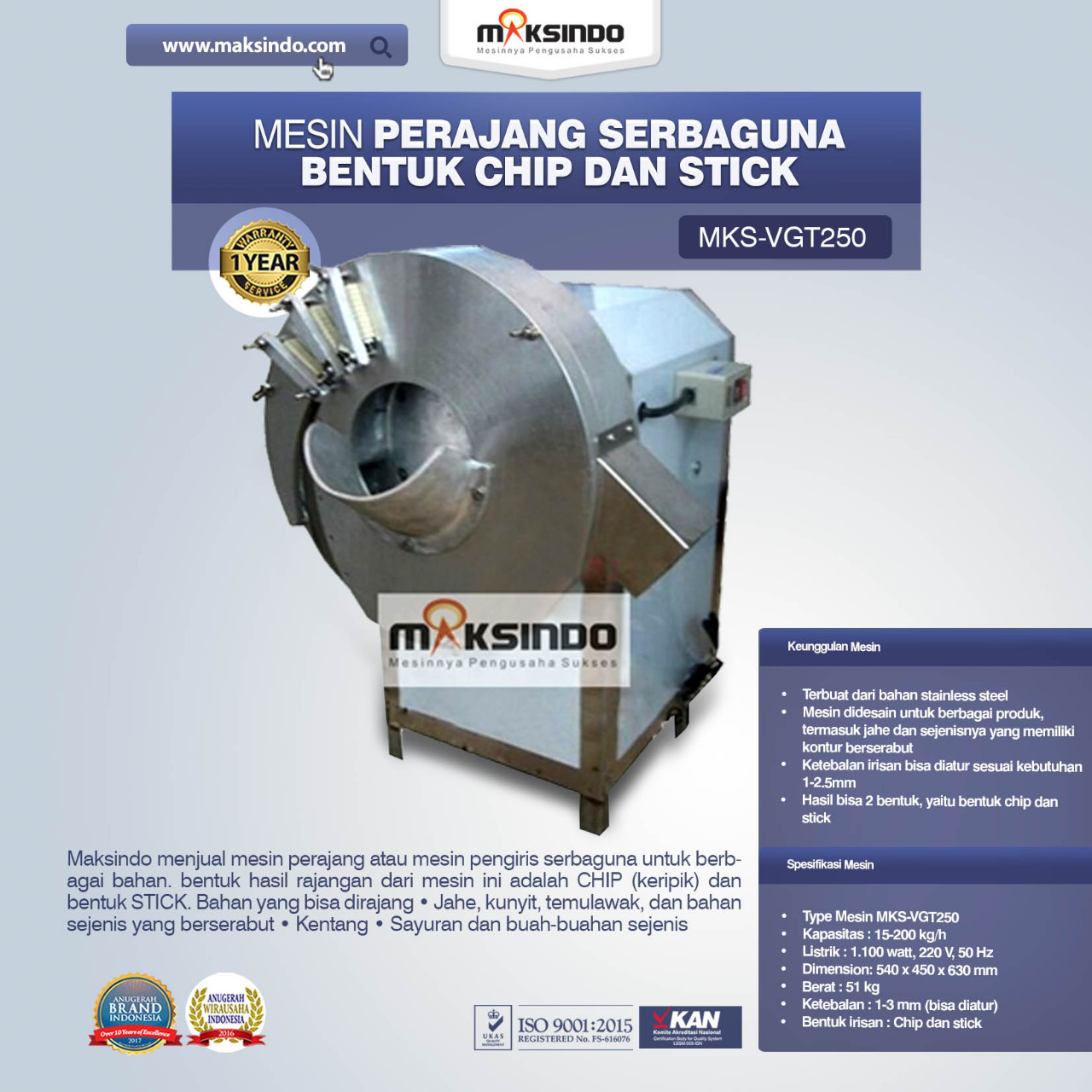 Jual Mesin Perajang Serbaguna Bentuk Chip dan Stick – MKS-VGT250 di Bali