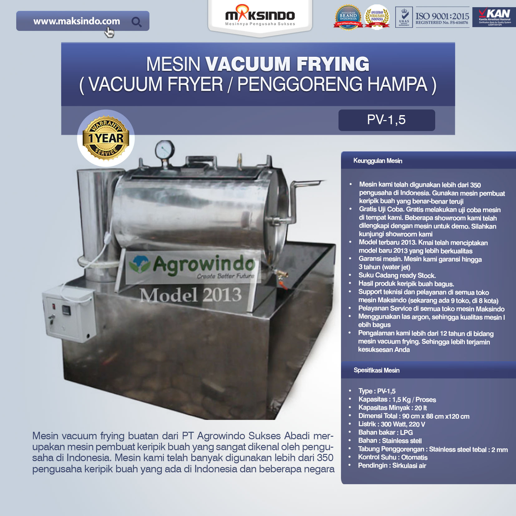 Jual Mesin Vacuum Frying 1,5 kg di Denpasar, Bali