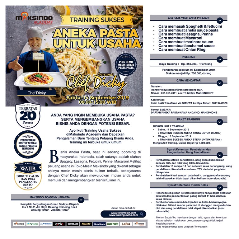 Training Sukses  Aneka Pasta Untuk Usaha, Sabtu, 14 September 2019