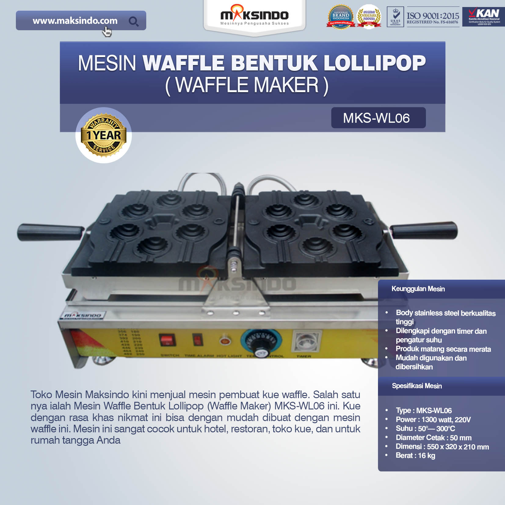 Jual Mesin Waffle Bentuk Lollipop (Waffle Maker) MKS-WL06 di Bali