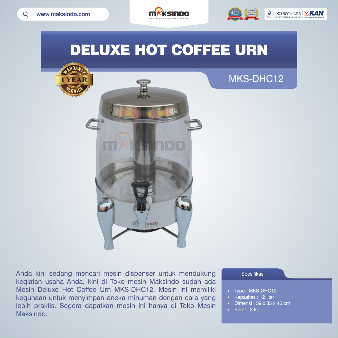 Jual Deluxe Hot Coffee Urn MKS-DHC12 di Bali